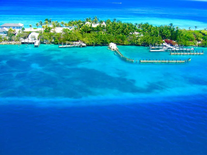 Aerial view of a Bahamas island and turquoise water